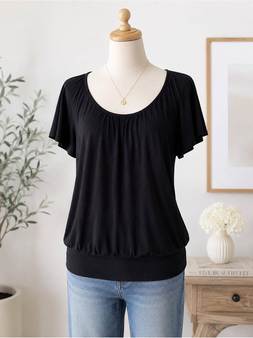 Old Navy Black Bubble Hem Flutter Sleeve Top | XL